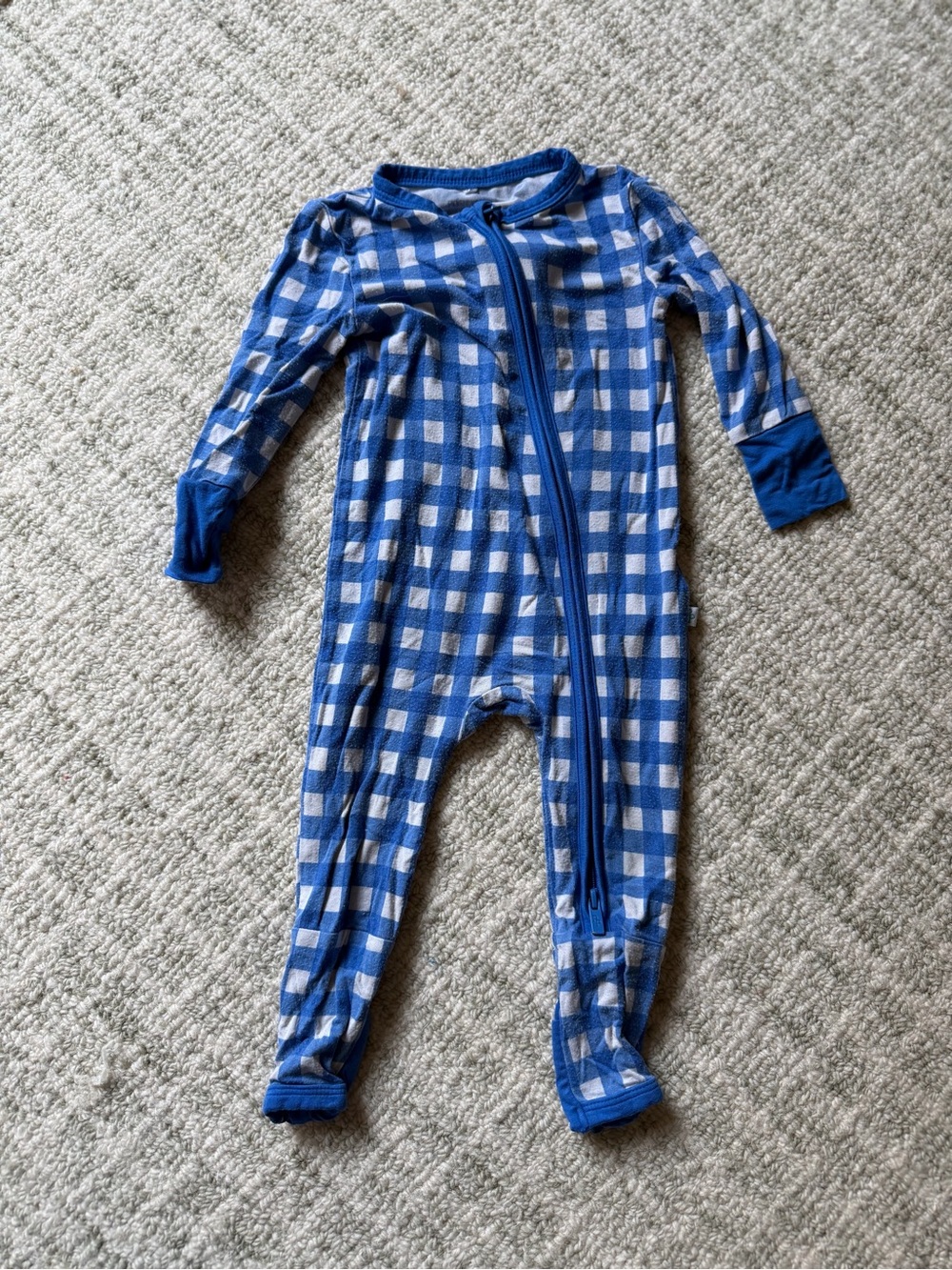 Posh Peanut Blue Check Plaid Kids Footed One-Piece Zipper Pajamas